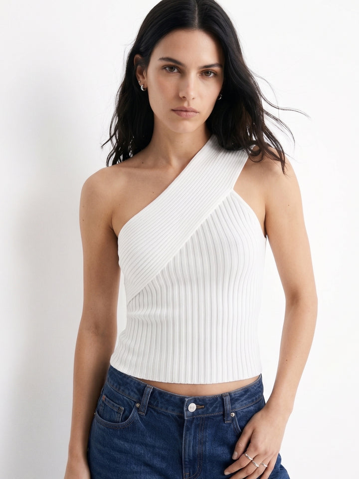 White One Shoulder Textured Knit Top