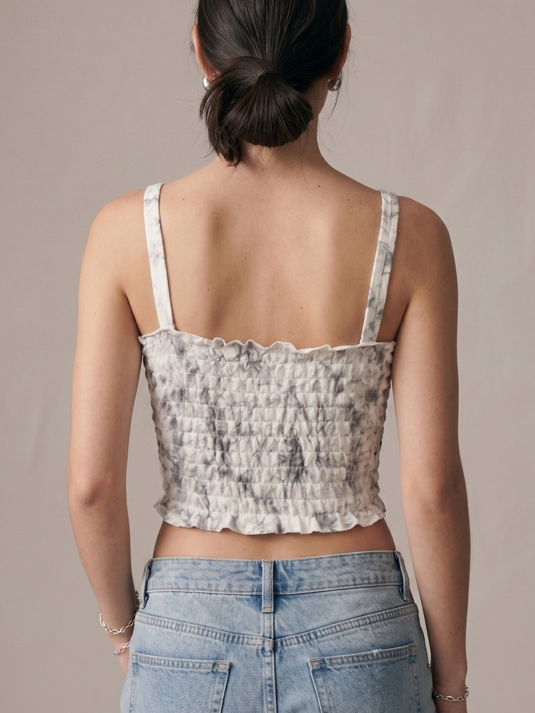 Off White Shoulder Strap U Hem Printed Top
