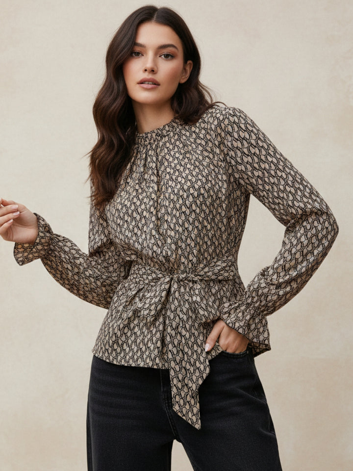 Khaki Bishop Sleeve Waist Tie-Up Top