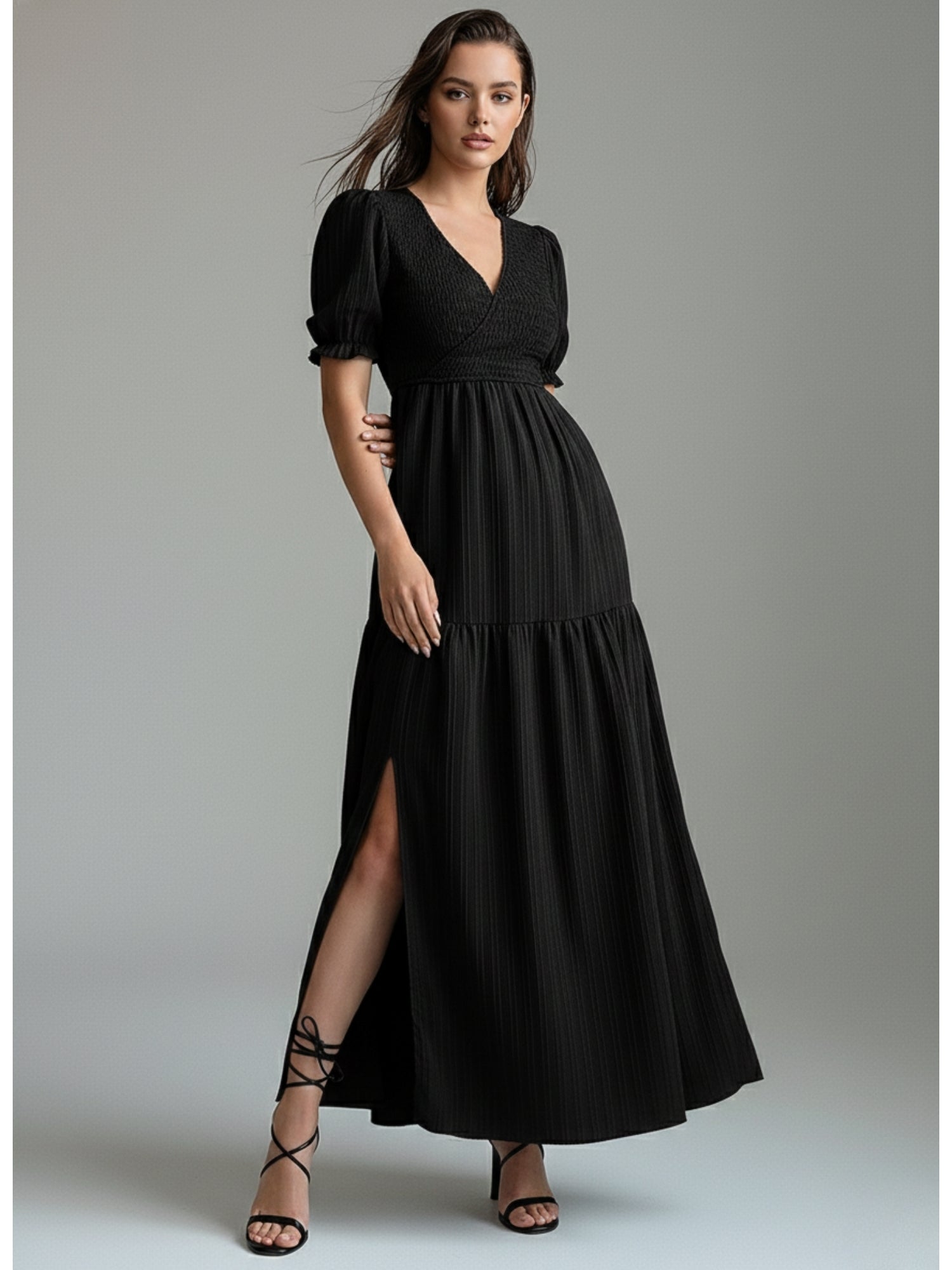 Black Plunge Neck Tiered Dress