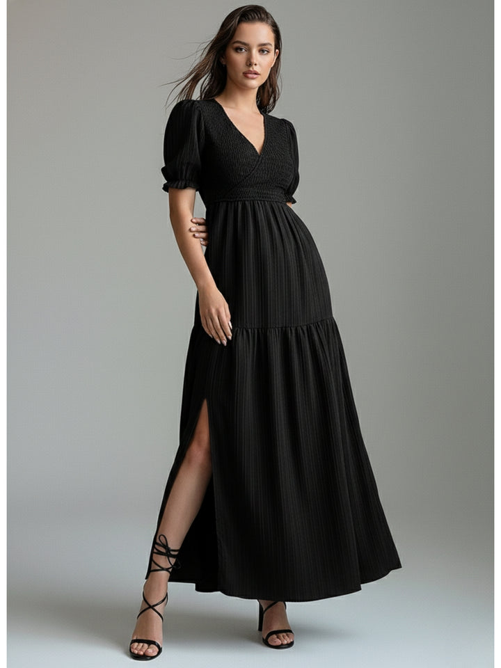 Black Plunge Neck Tiered Dress