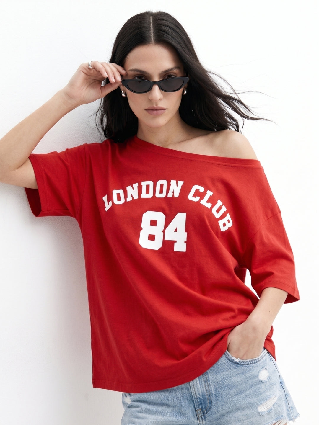 Red Off-Shoulder Varsity Graphic T-Shirt