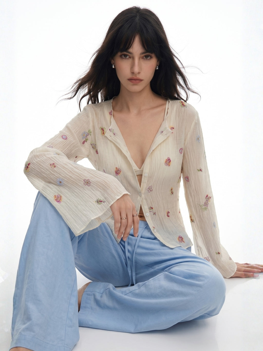 Off White Full Sleeve Front Buttoned Printed Top