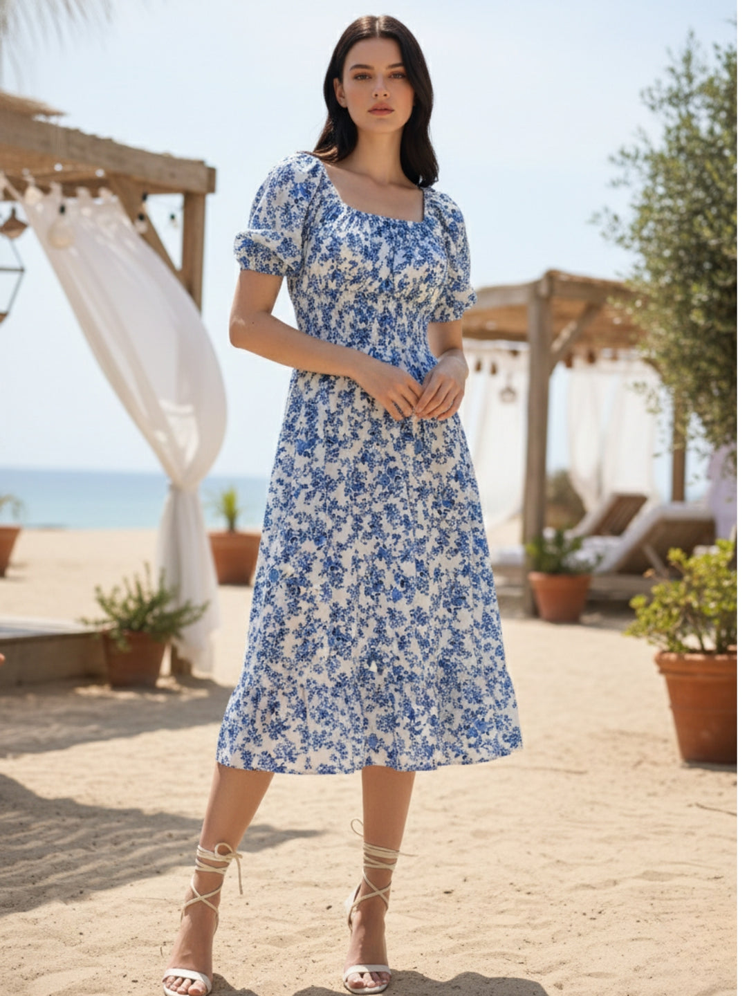 Blue Square Neck Printed Dress