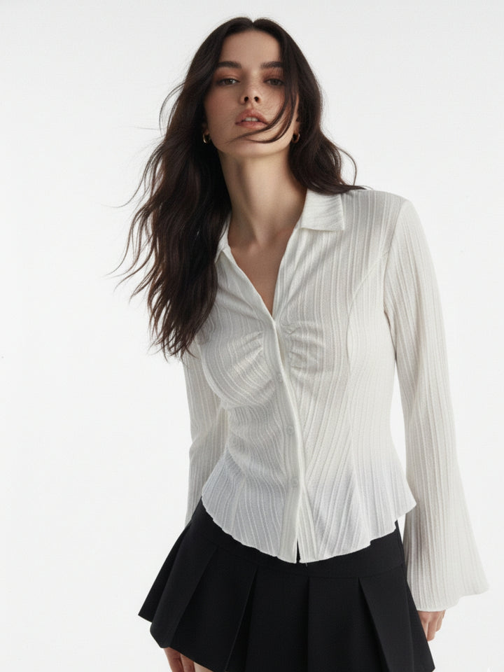 White Textured Button Down Cinched Waist Shirt