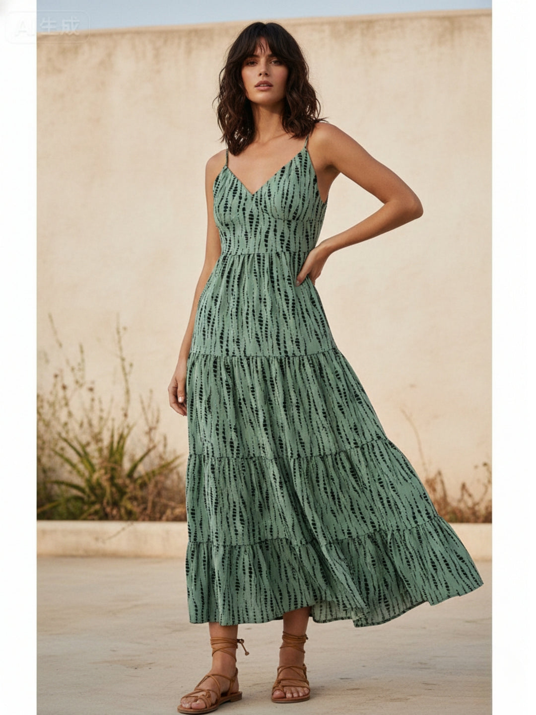 Green Shoulder Strap Back Bow Tiered Dress