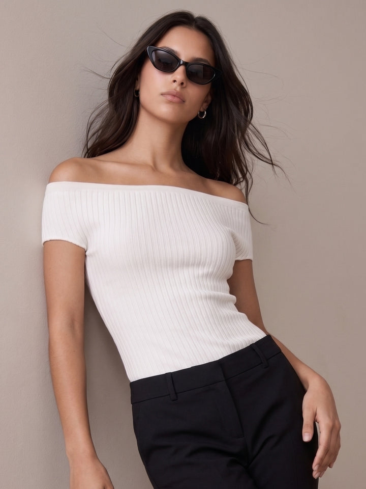 Off White Off-Shoulder Fitted Rib Textured Top