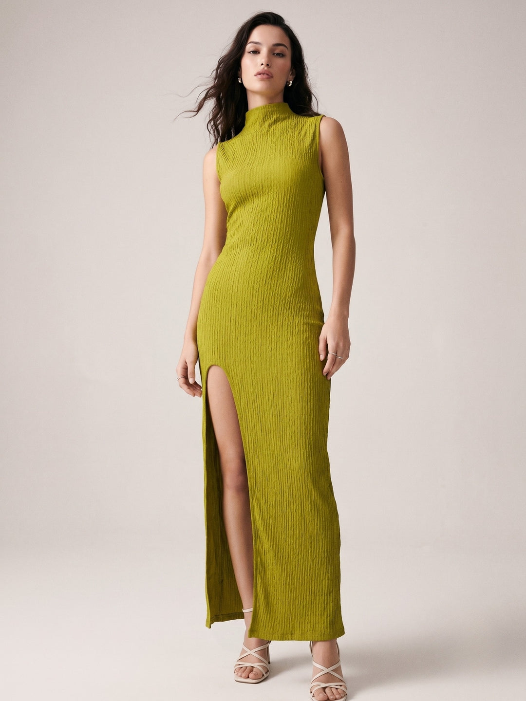 Green High Neck Fitted Dress With Thigh High Slit