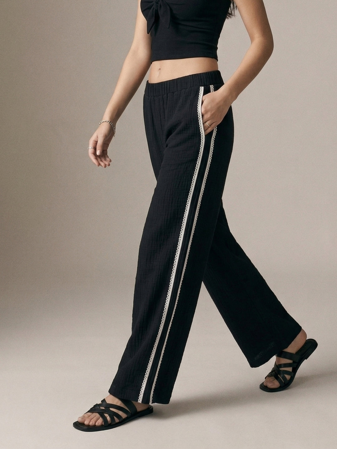 Black  Stripe Embroidered Cotton Trousers