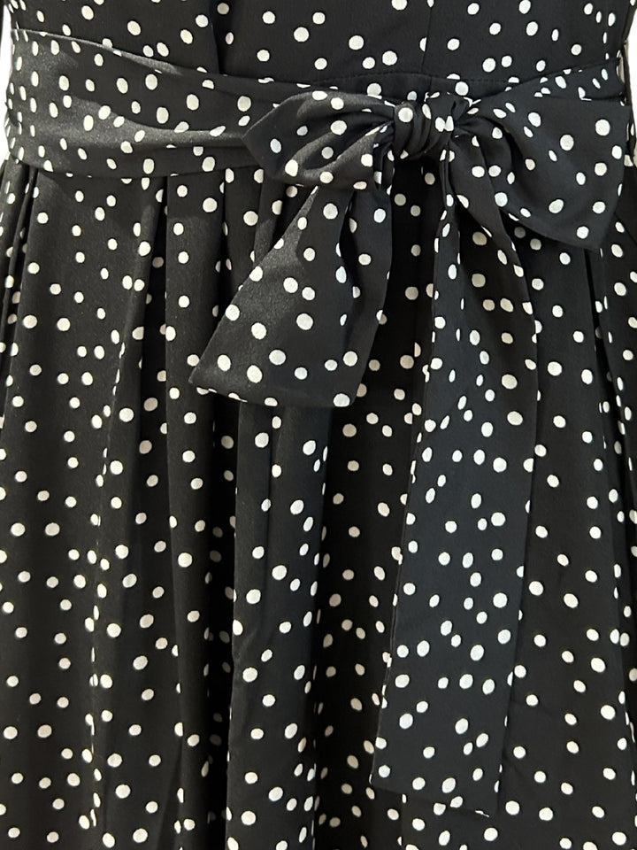Black Polka Dot Flared Dress With Fitted Bodice