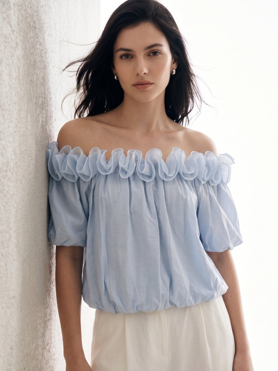 Blue Ruffle Neck Puff Sleeve Top