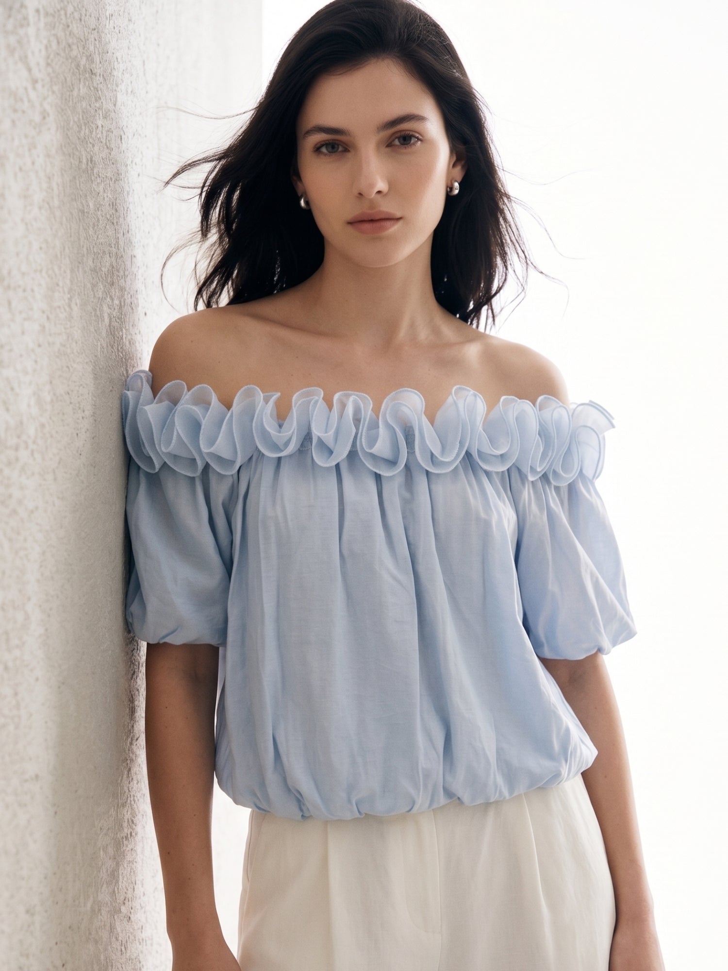 Blue Ruffle Neck Puff Sleeve Top