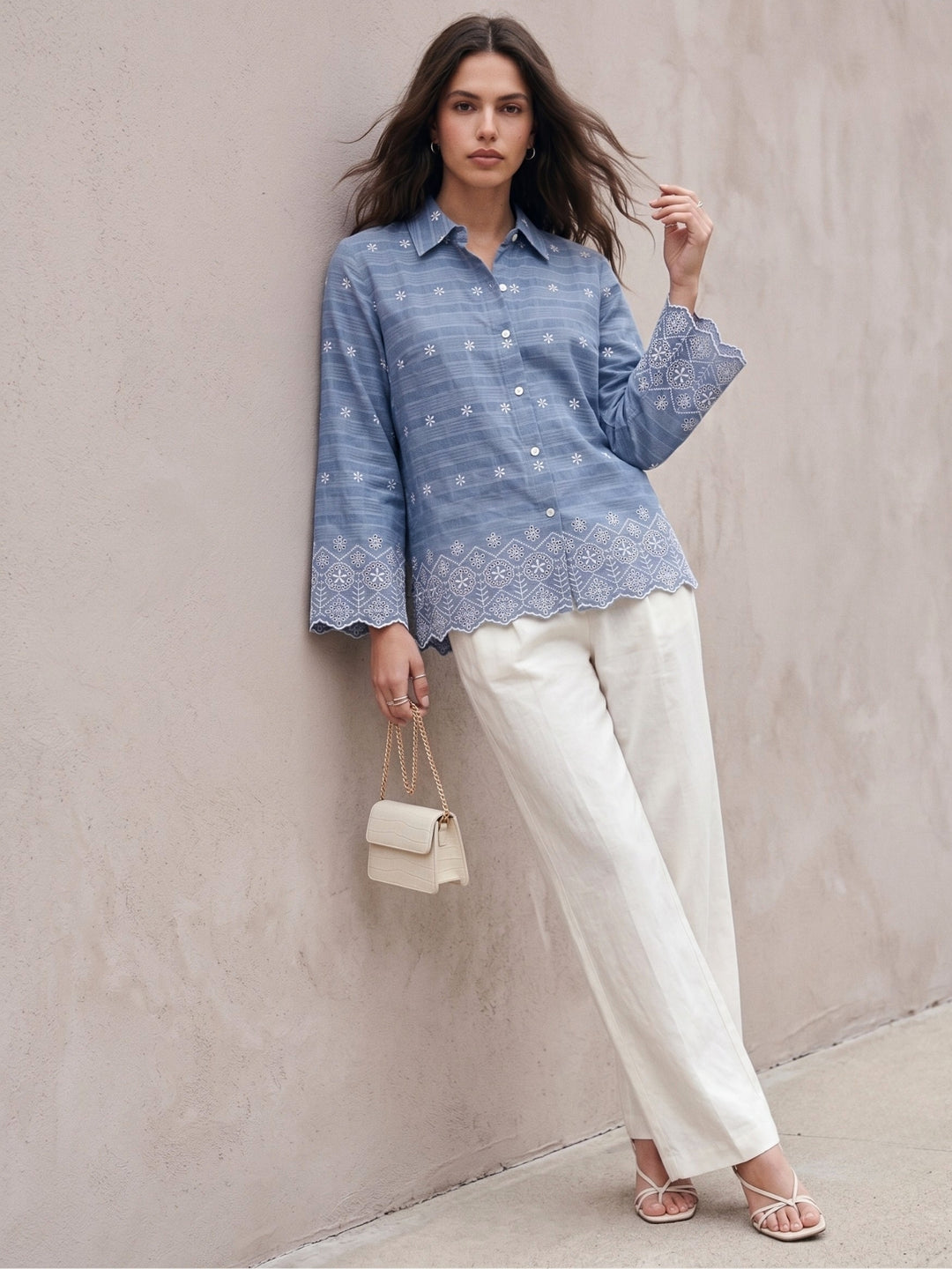 Blue Cotton Schiffli Embroidered Scalloped Shirt