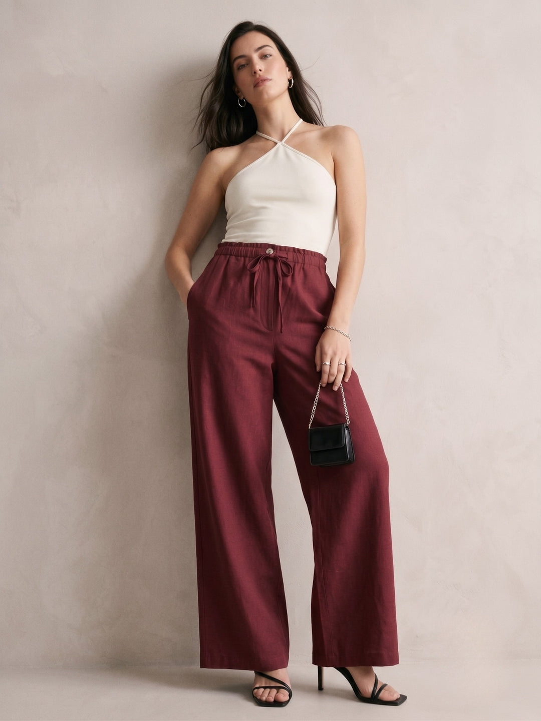 Wine Highwaist Paperbag Wide Leg Trouser With Drawstring Detail