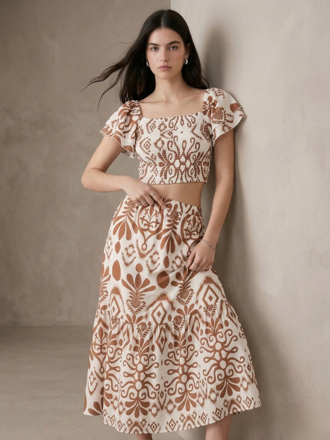 Brown Abstract Printed Top And Skirt Co-Ord Set