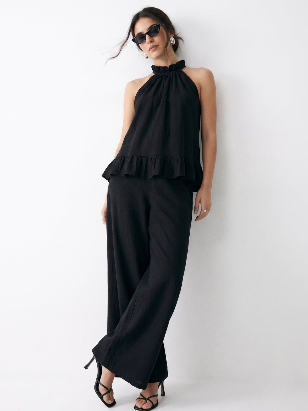 Black Halter Neck Ruffled Hem Top With Trousers