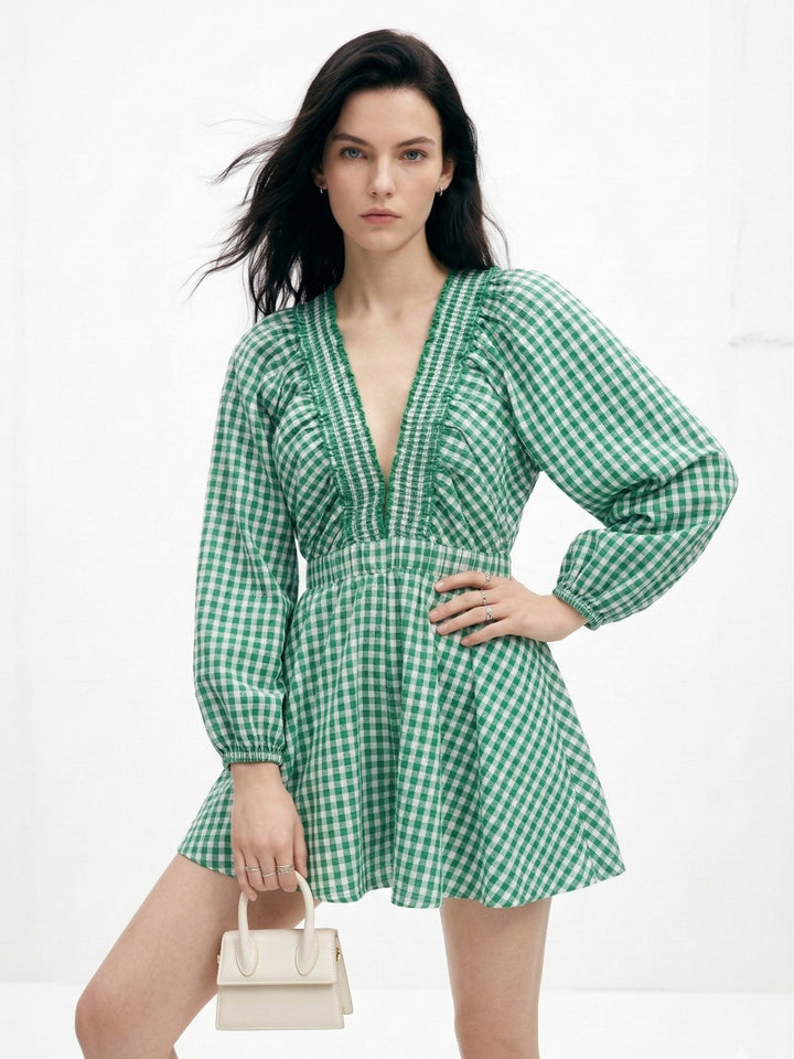 Green Plunge Neck Checkered Mini Dress