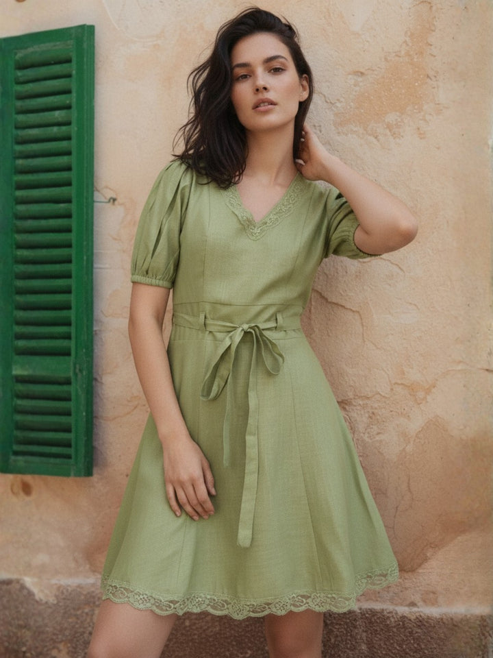 Green Green Lace-Trim Mini Dress With Puff Sleeves.