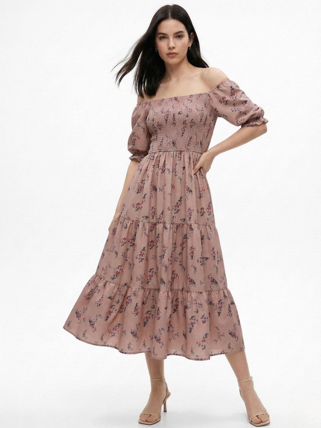 Brown Short Sleeve Square Neck Dress