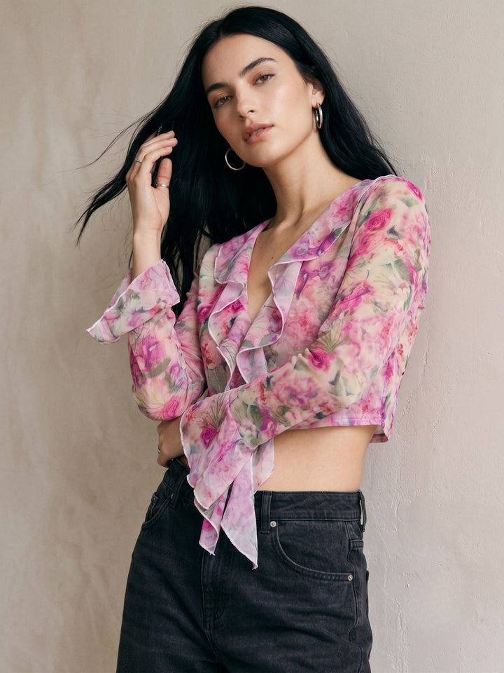 Purple Printed Ruffled Front Tie Up Top With Flared Sleeves