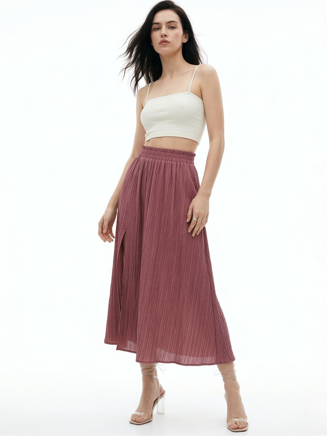 Mauve Smocked Waist Band Pleated Skirt