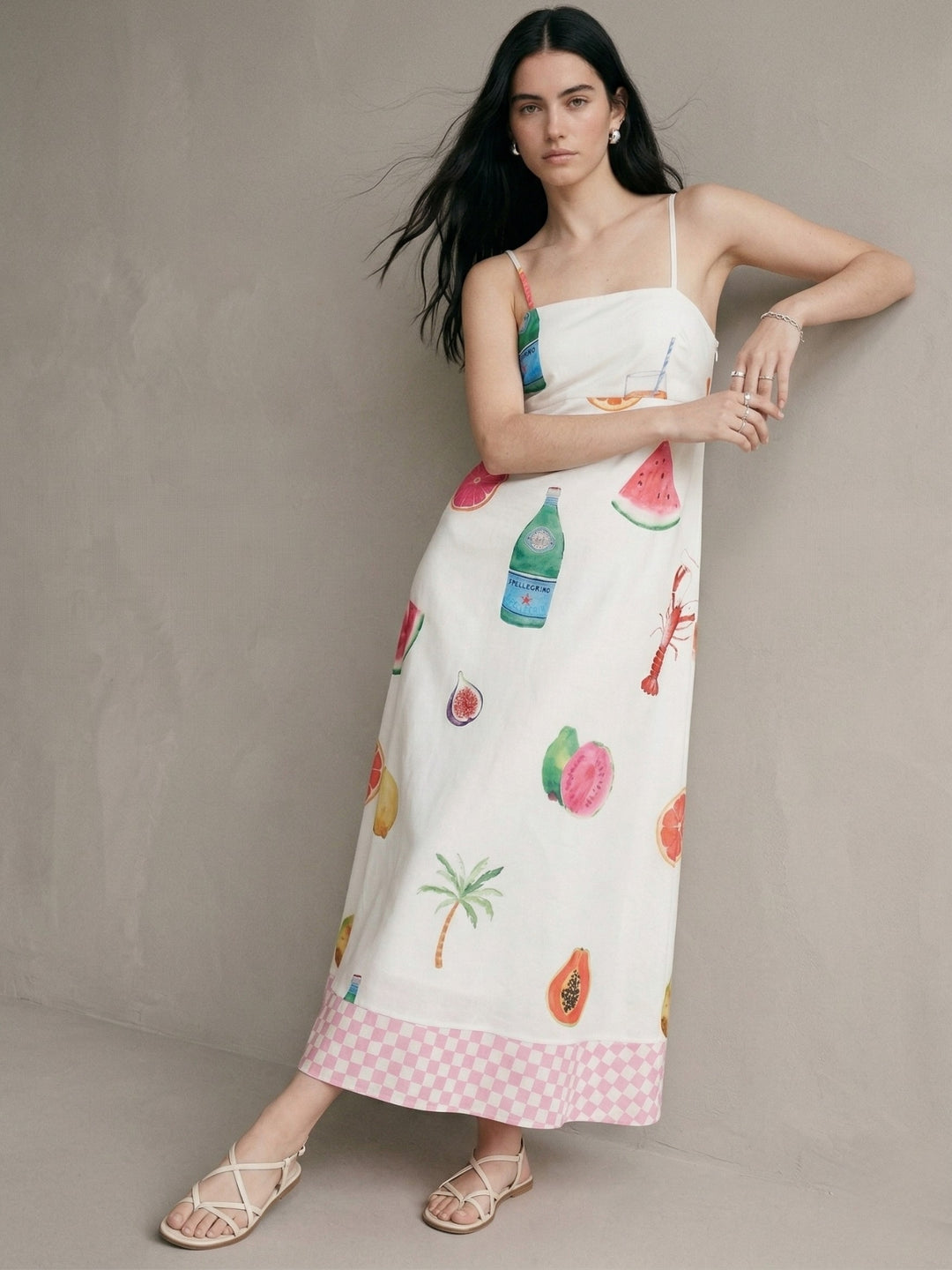 White Fruit Print Fit And Flare Maxi Dress