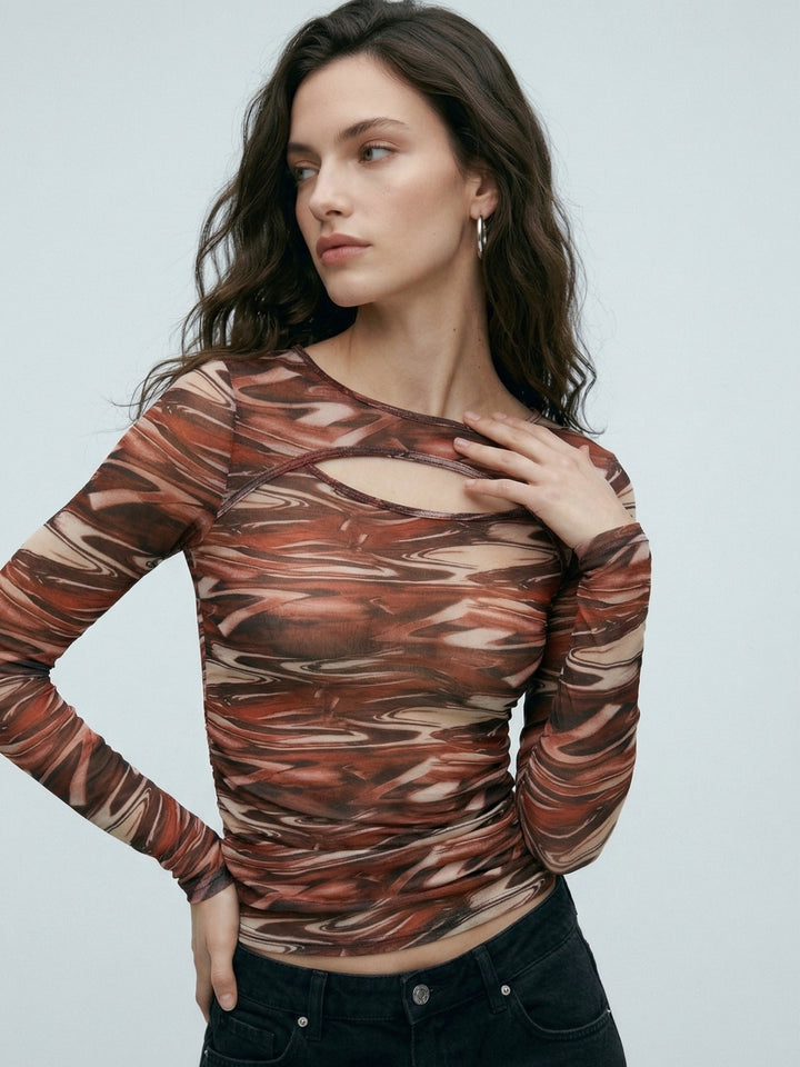 Brown Printed Neck Cut-Out Top