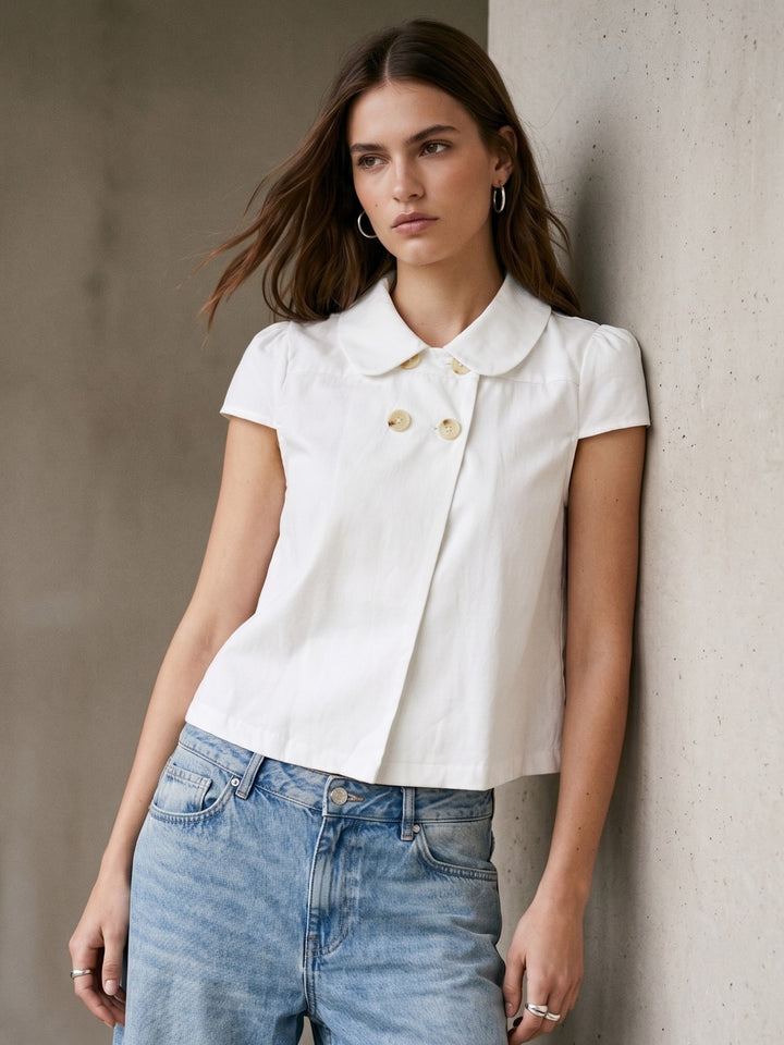 White Short Sleeve Front Buttoned Collared Top