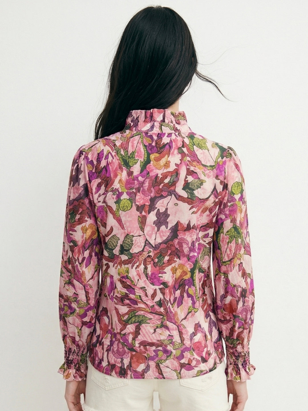 Pink Mandarin Ruffled Neck Printed Top