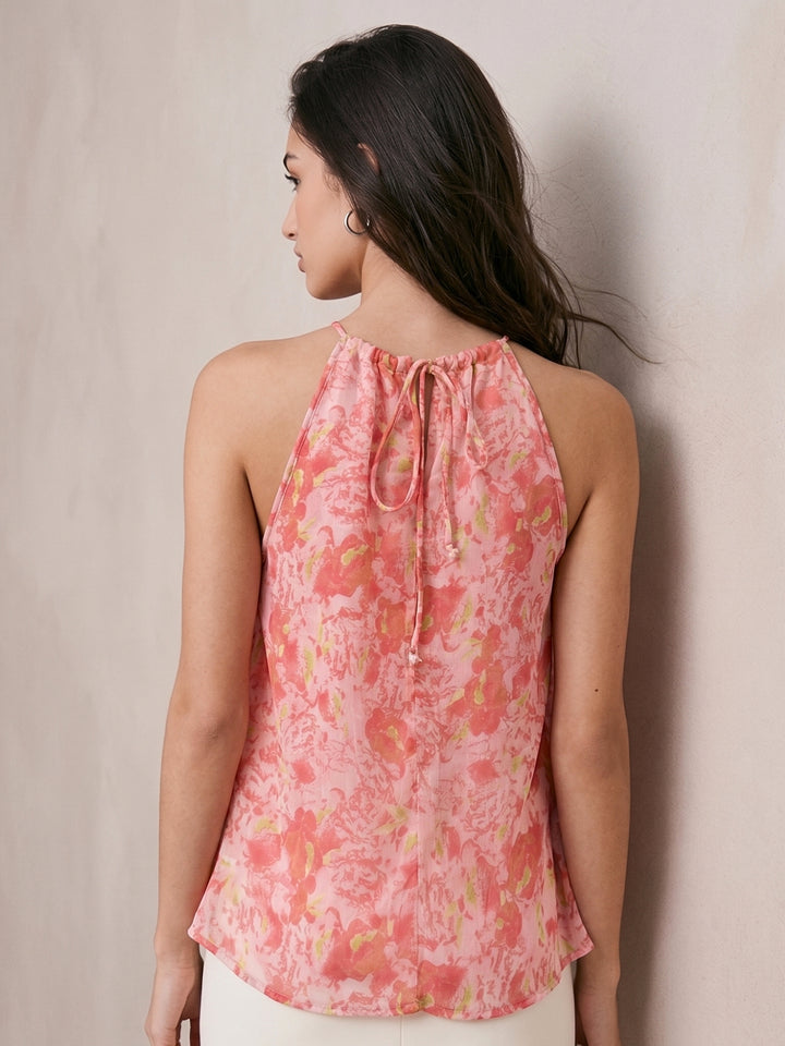 Light Pink Halter Neck Ruffles Flared Printed Top