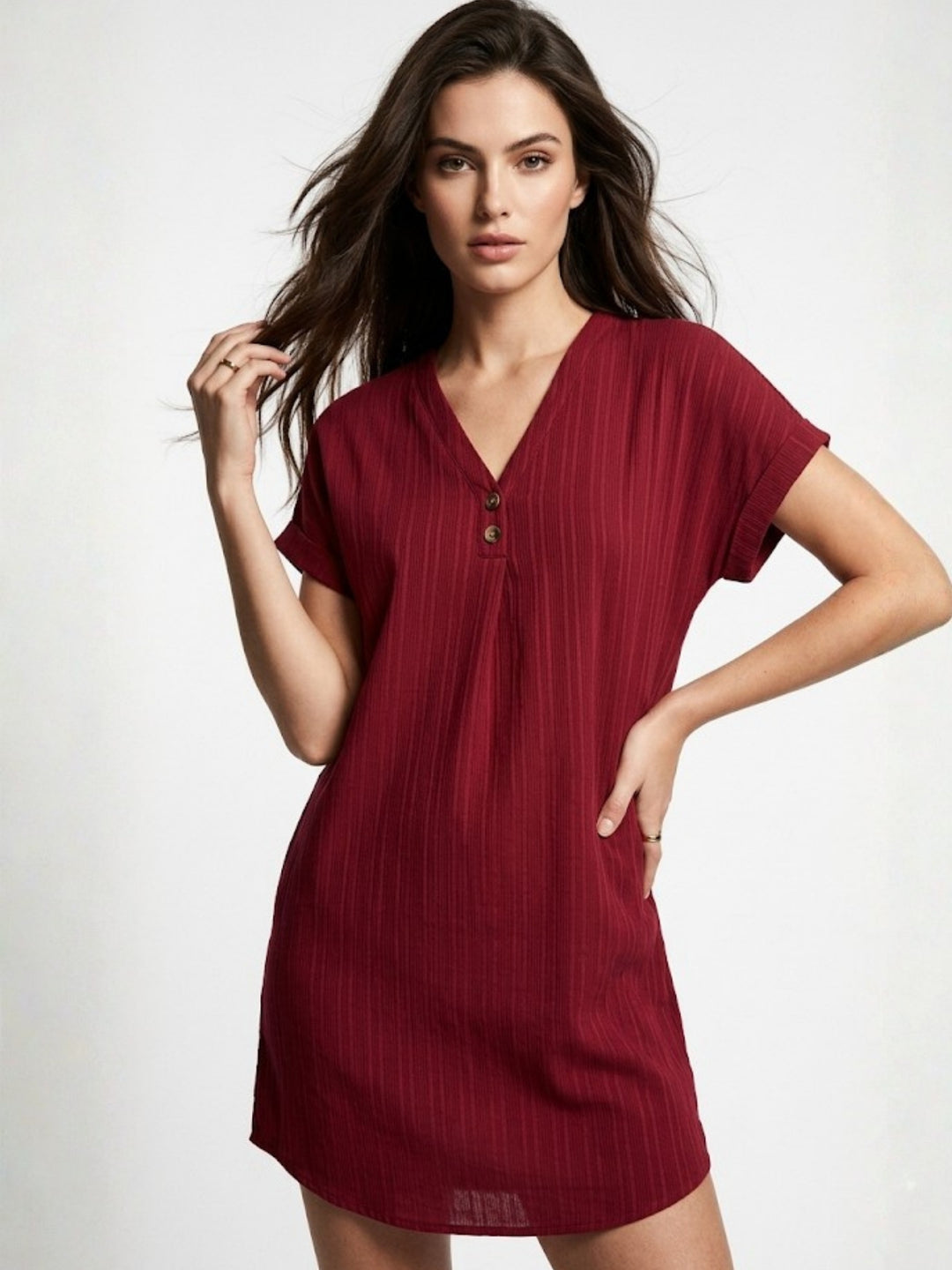 Maroon Short Sleeve A-Line Dress