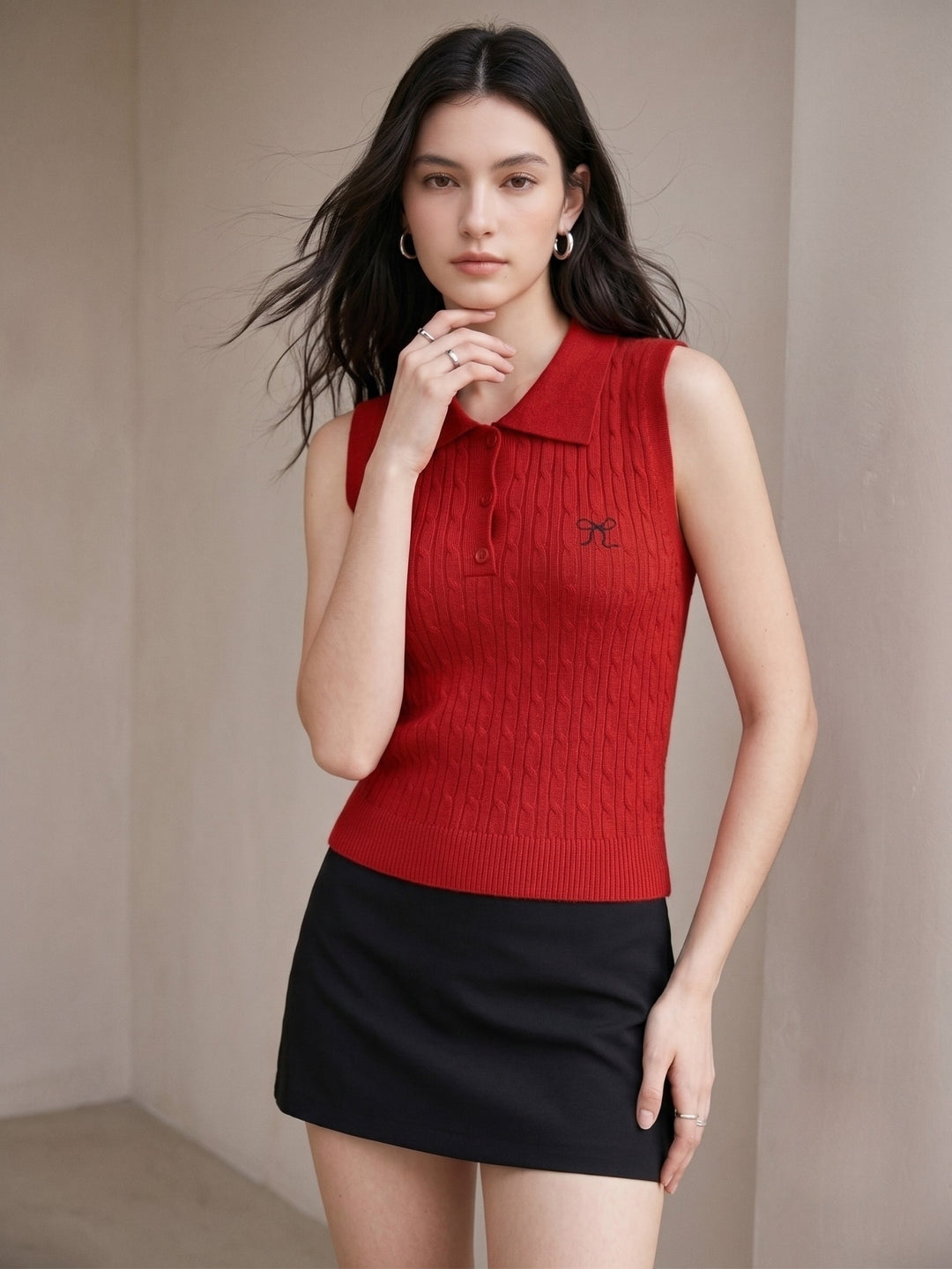 Red Cable Textured Polo Top With Bow Embroidery