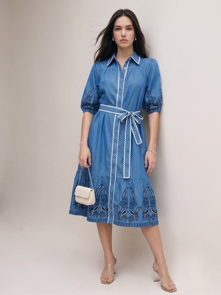 Blue Puff Sleeve Blue Flare Dress