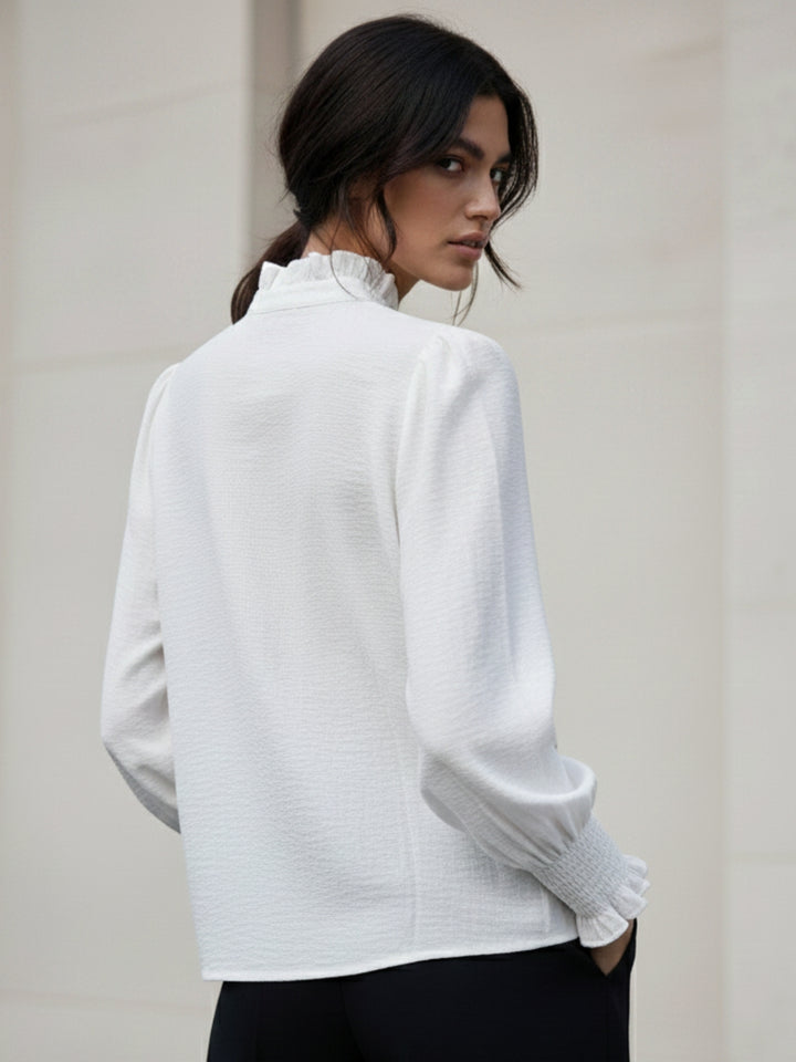 White Bishop Sleeve Mandarin Collar Embroidered Top