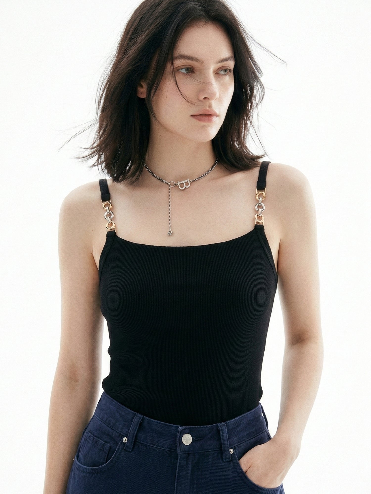 Black Tank Top With Buckle Sleeve