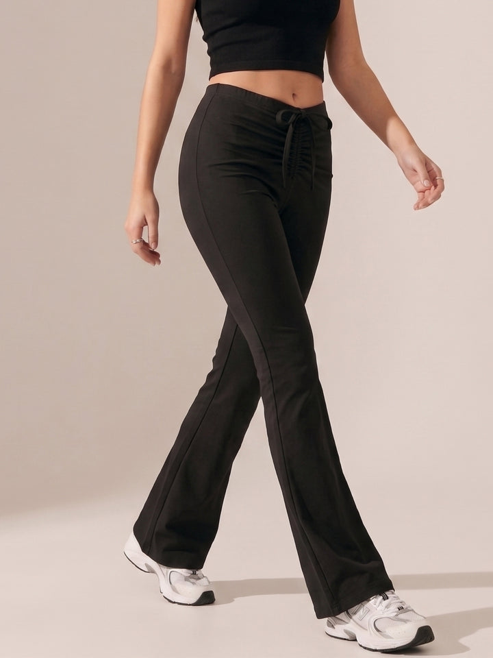 Black Drawstring Ruched Fitted And Flared Joggers