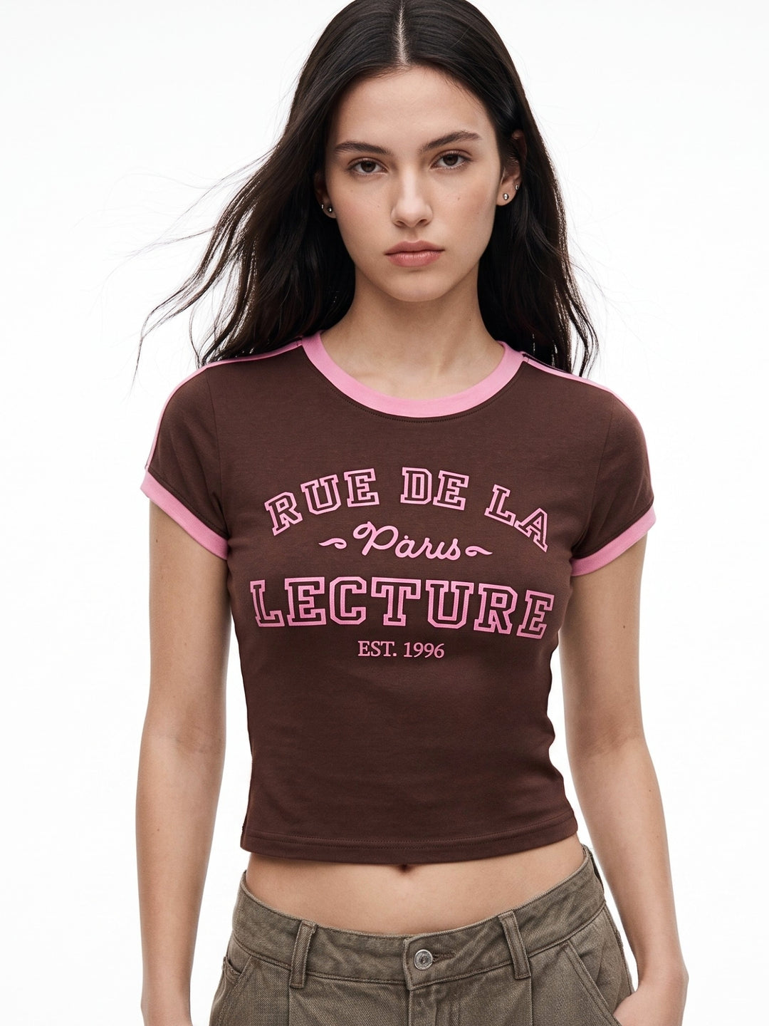 Brown Contrast Tipping Ringer Graphic T-Shirt