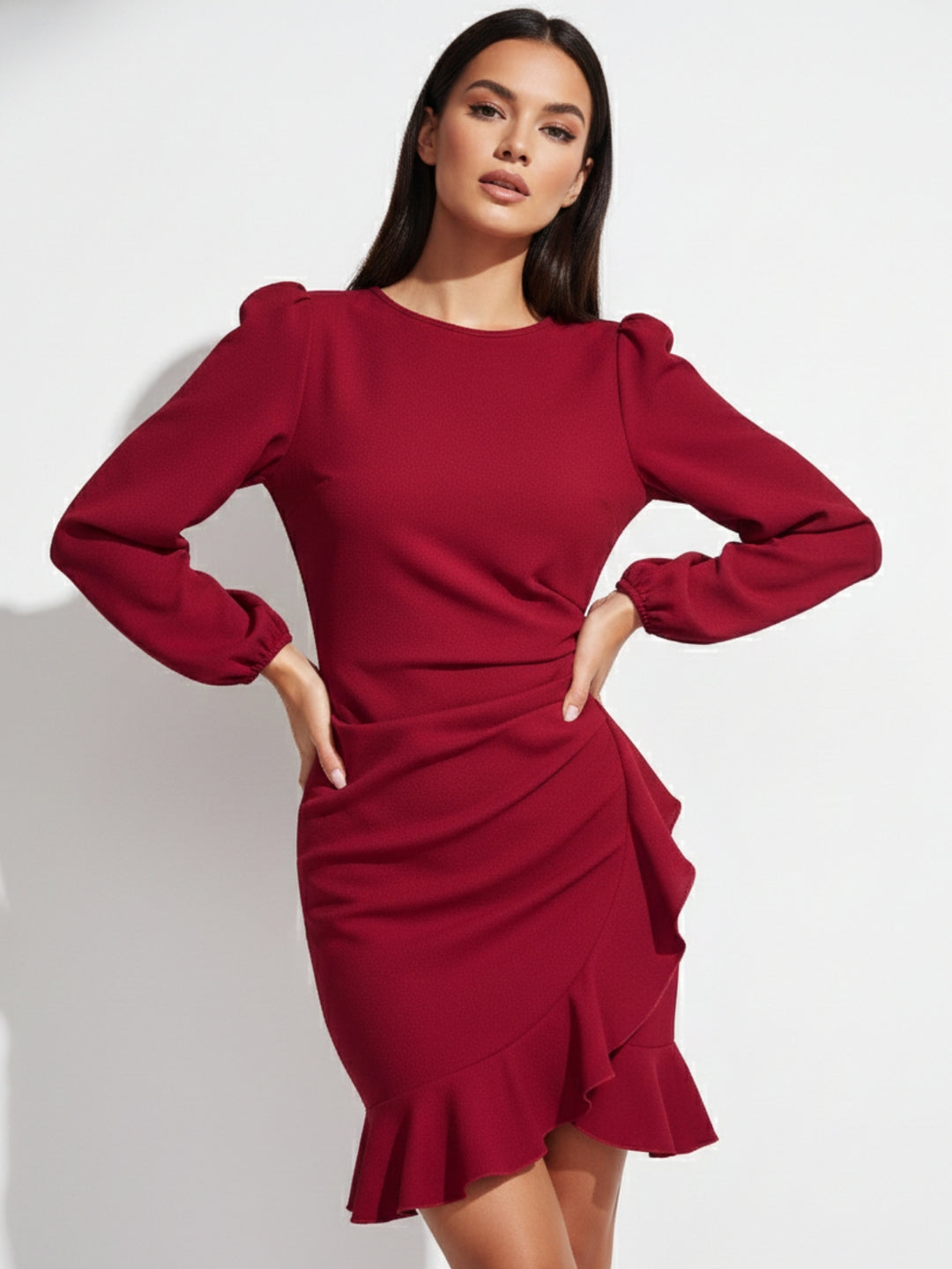 Red High Neck Balloon Sleeved Mini Dress