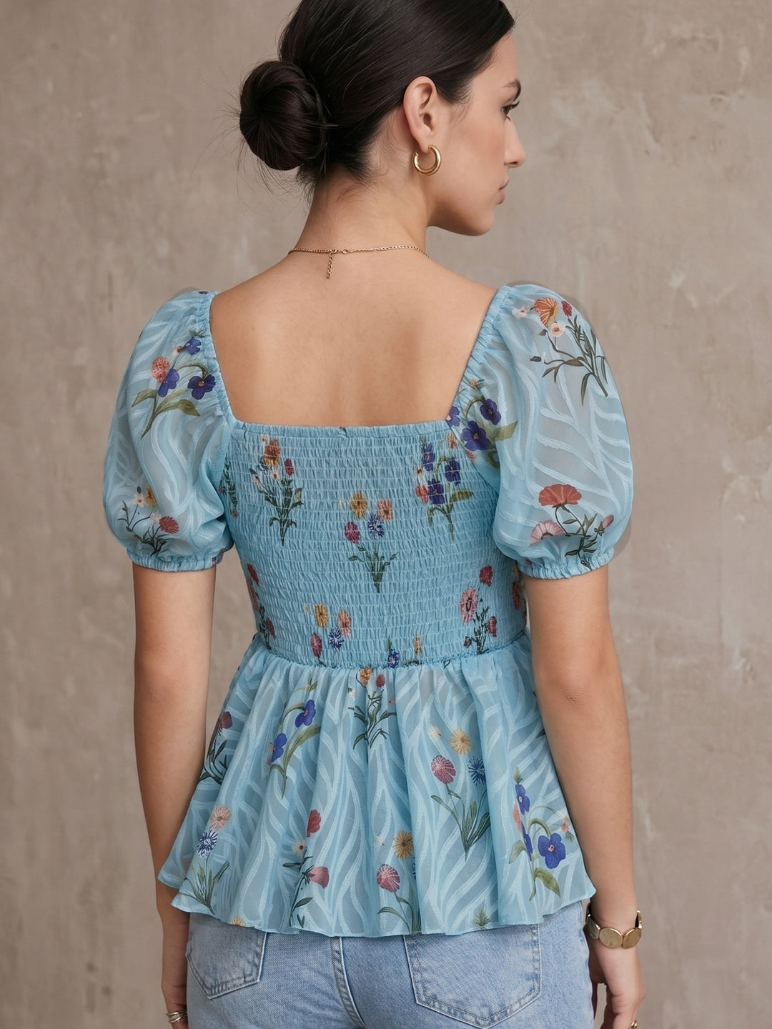 Blue Puff Sleeve Flared Top