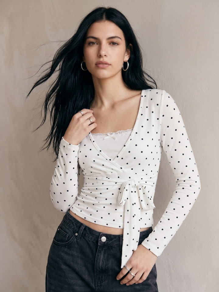 White Polka Dotted Wrap Neck Top