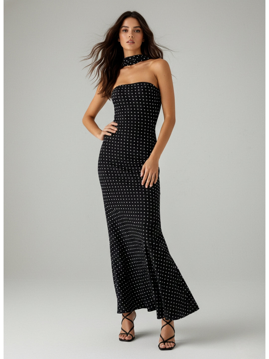 Black Tube Polka Dress With Scarf