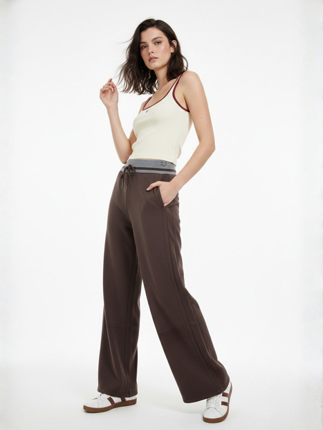 Brown Contrast Waist Wide Leg Pant