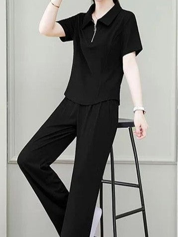 Black Polo T-Shirt And Pants Co-Ord Set
