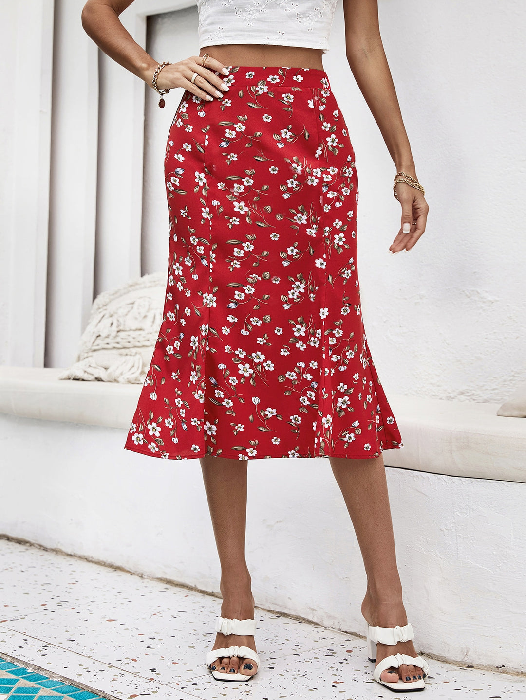 Red Ruffle Bottom Knee Length Skirt