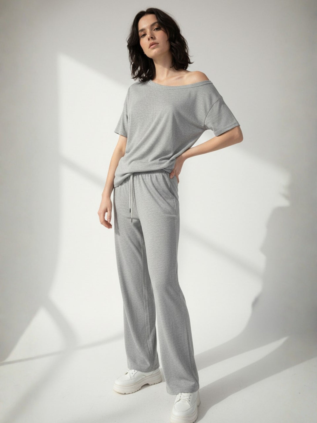 Grey Off-Shoulder Relaxed Top And Pant Co-Ord Set