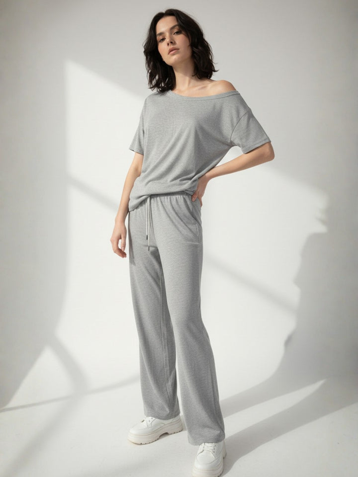 Grey Off-Shoulder Relaxed Top And Pant Co-Ord Set