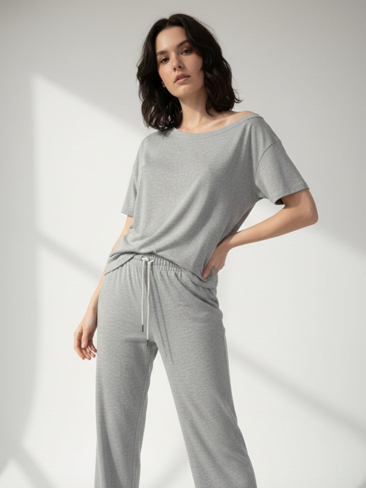 Grey Off-Shoulder Relaxed Top And Pant Co-Ord Set