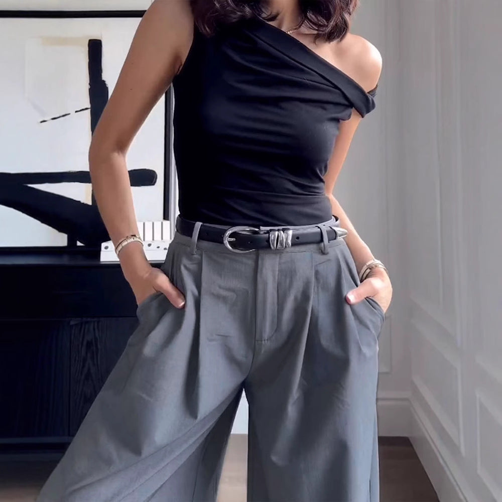 Grey Pleated Wide Leg Trouser