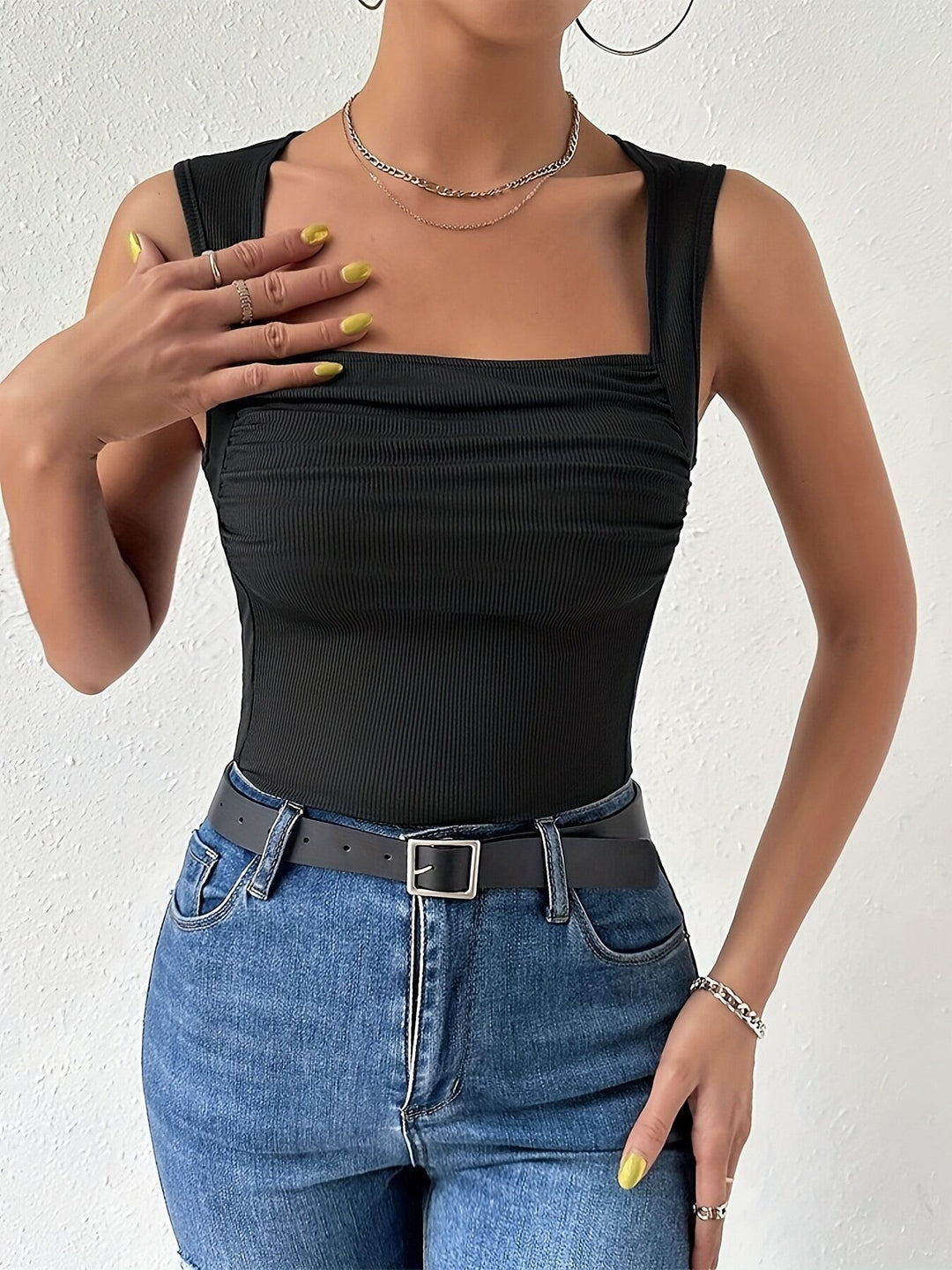 Black Square Neck Ruched Tank Top