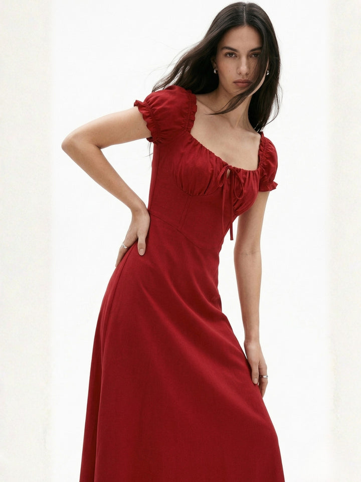 Burgundy Short Sleeve Sweetheart Neck Dress